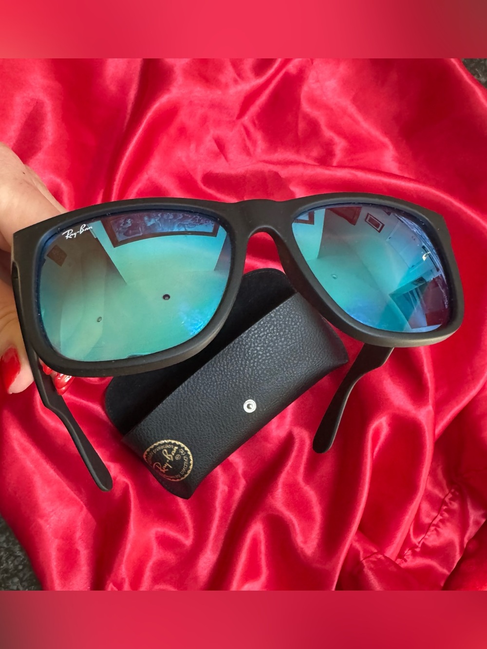 Ray-Ban authentic Justin Black Square Frame Sunglasses Blue Mirror Lenses +case